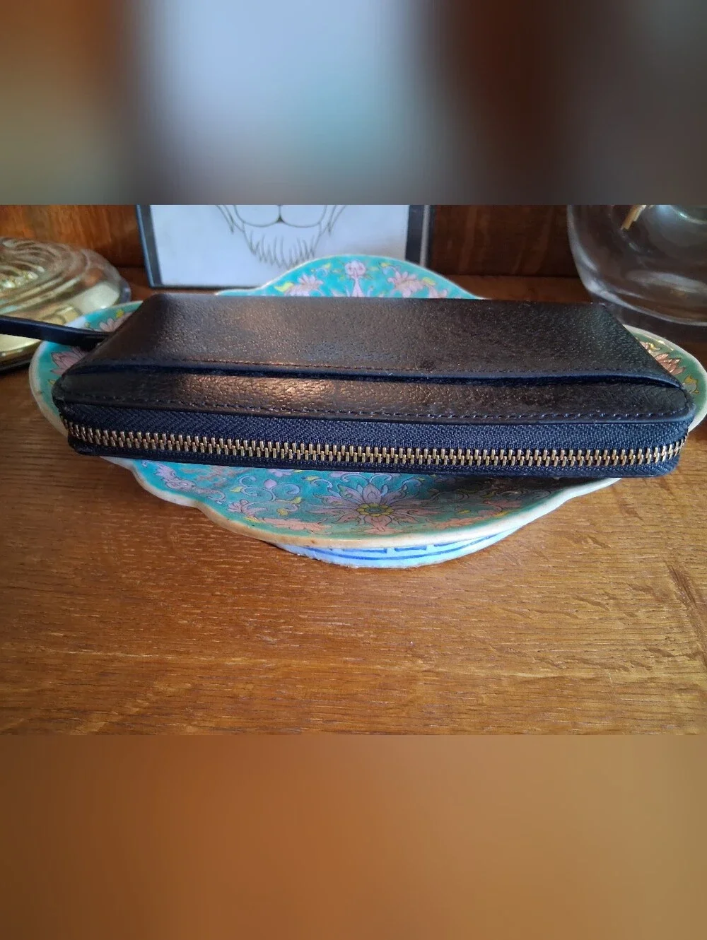 kate spade Black Leather Zip-Around Wallet with Gold Hardware